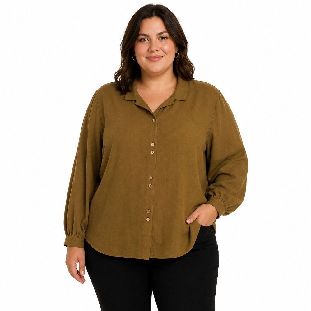 Poetry Blouse Womens 18 Brown Linen Collared Button Front Long Sleeve Top